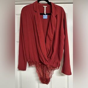 Free People Terracotta Lace Trim Bodysuit